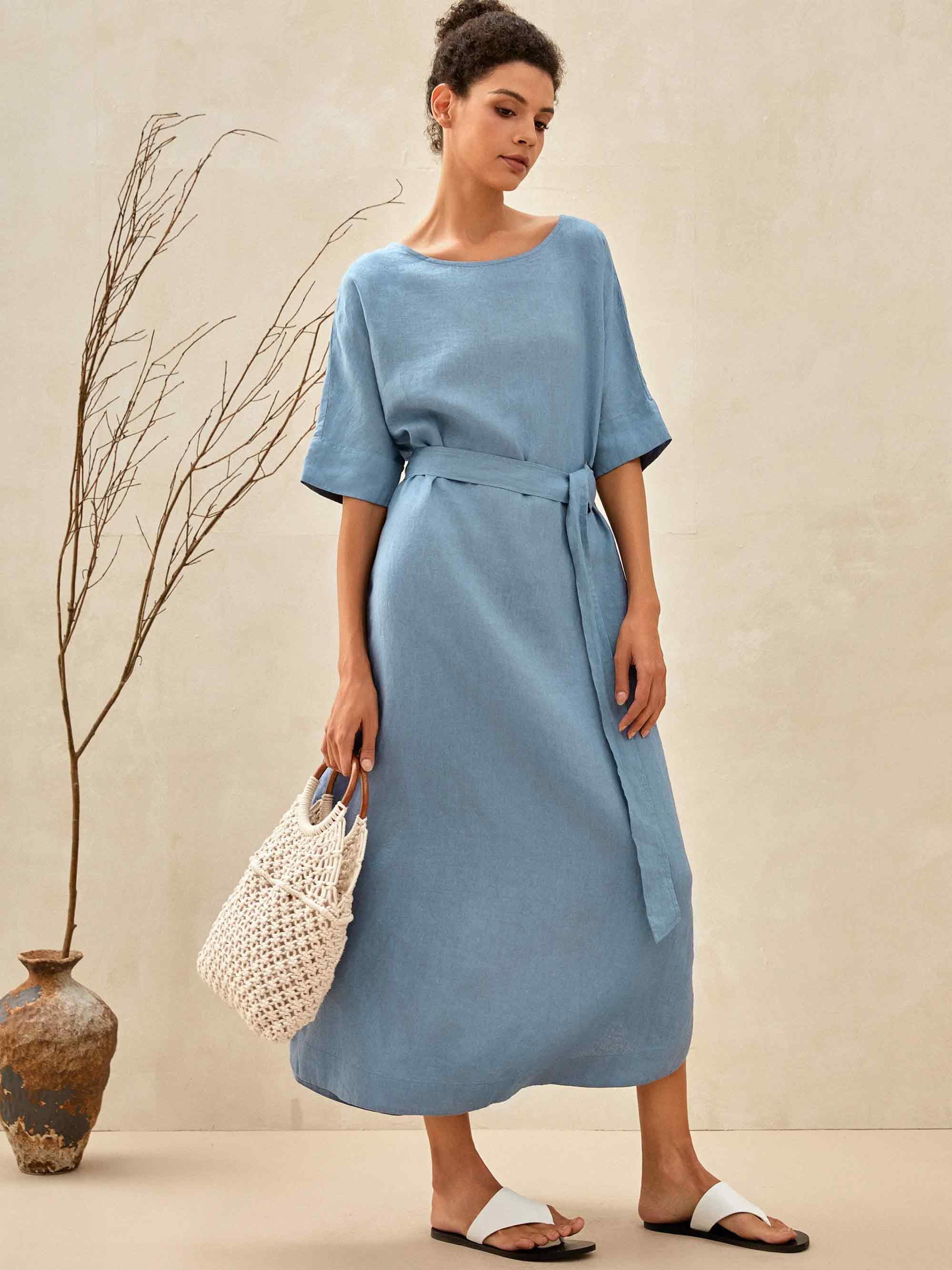 100% Linen Loose Fit Kimono Maxi Dress MADDIE - DRESSES-Linen