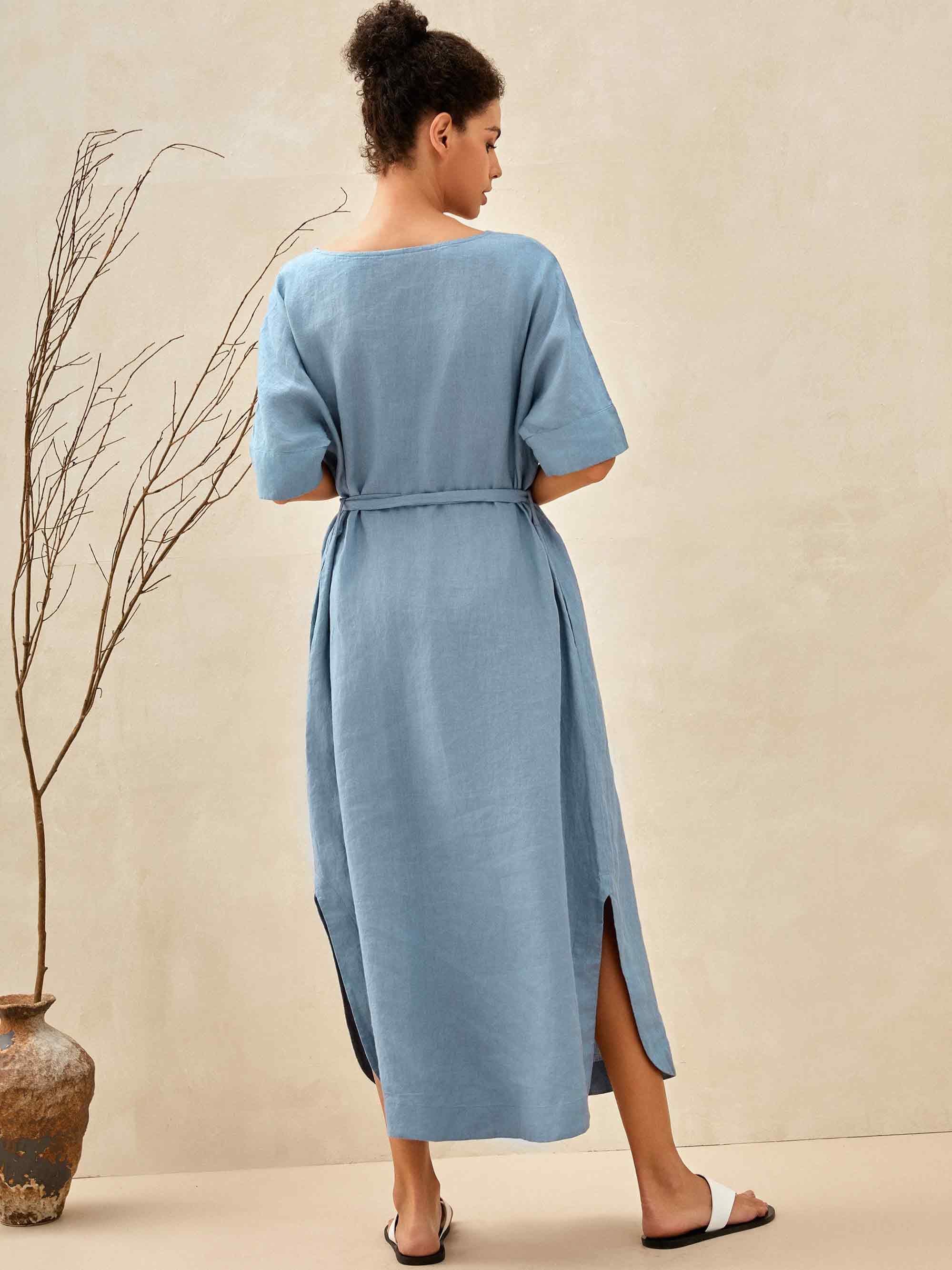 100% Linen Loose Fit Kimono Maxi Dress MADDIE - DRESSES-Linen