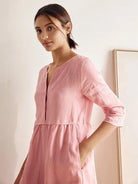 100% Linen Loose Fit Button Waist Gathered Maxi Dress LUNA - DRESSES-Linen