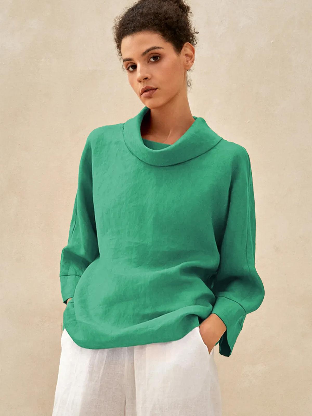100% Linen Dropped Collar Long-Sleeve Top TRISTAN - Irish Green / S - TOPS-Linen Blouses