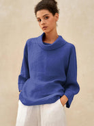 100% Linen Dropped Collar Long-Sleeve Top TRISTAN - TOPS-Linen Blouses