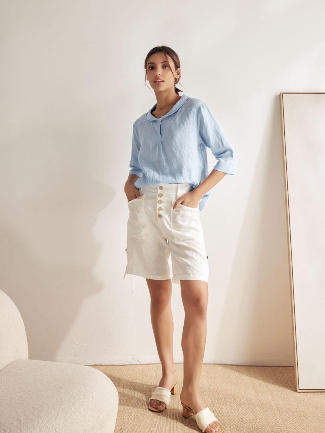 100% Linen Stripe Shawl V-Neck Half Sleeve Top - TOPS-Linen Blouses