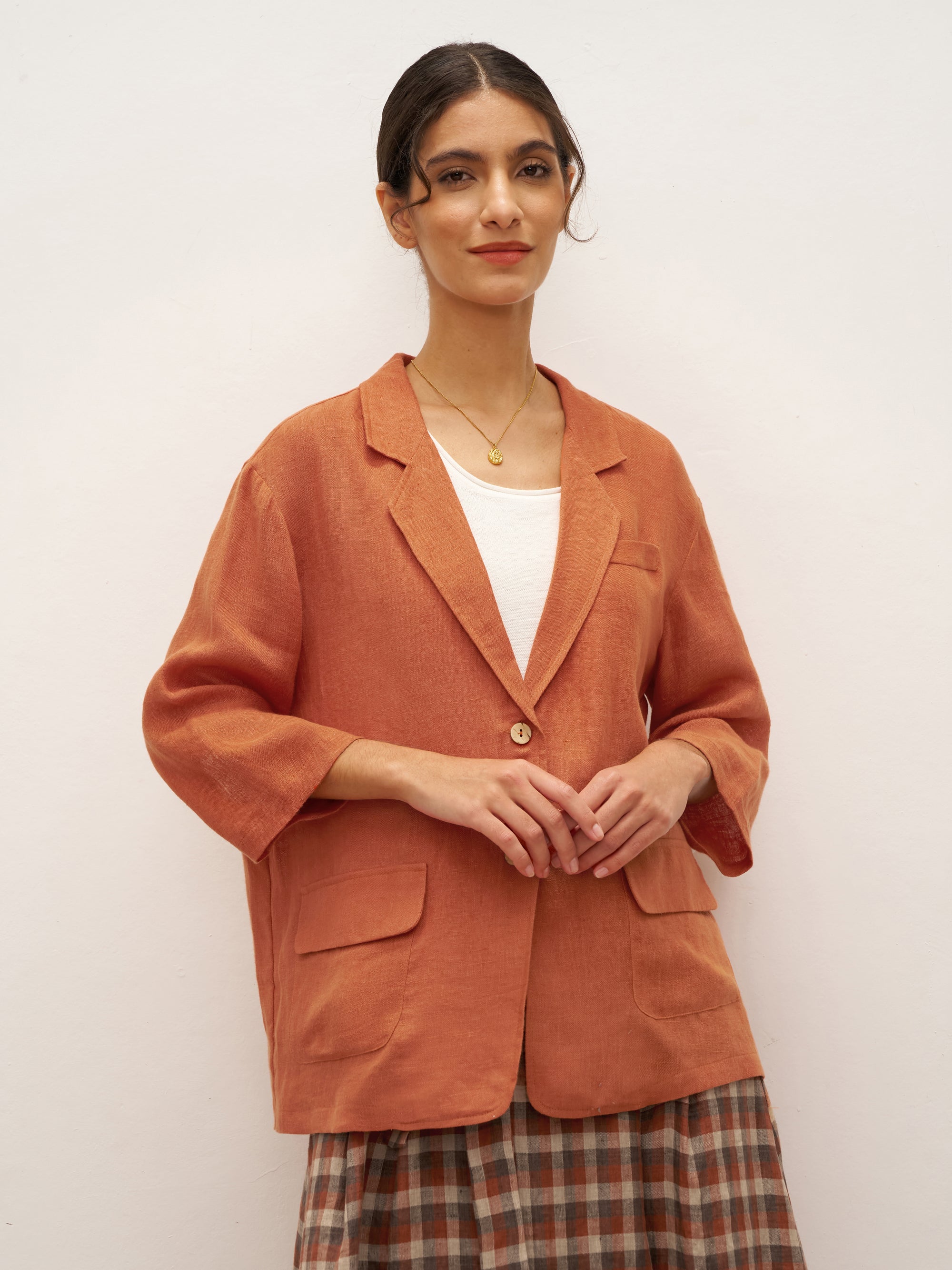 100% Linen 3/4 Sleeve Drop Shoulder Blazer DARA - Burnt Orange / S - TOPS-Linen Jackets