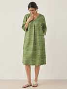 100% Linen V-Neck Polka Dot Midi Dress LIRA - DRESSES-Linen