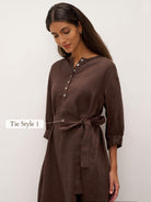 100% Linen Button Detail Midi Dress with Detachable Belt EIRA - DRESSES-Linen