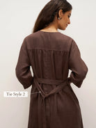 100% Linen Button Detail Midi Dress with Detachable Belt EIRA - DRESSES-Linen