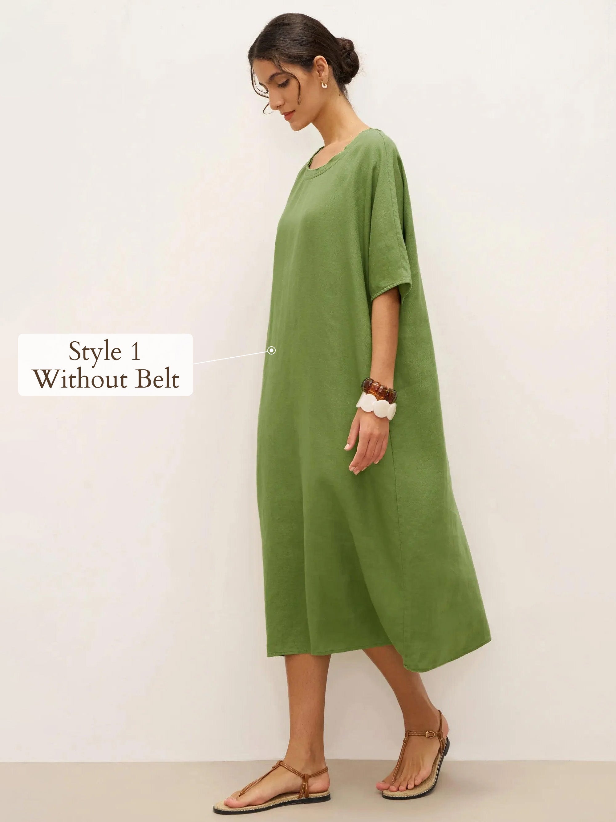 100% Linen Oversized O-Line Belted Midi Dress LORETTA—Multi-Way Wear - DRESSES-Linen