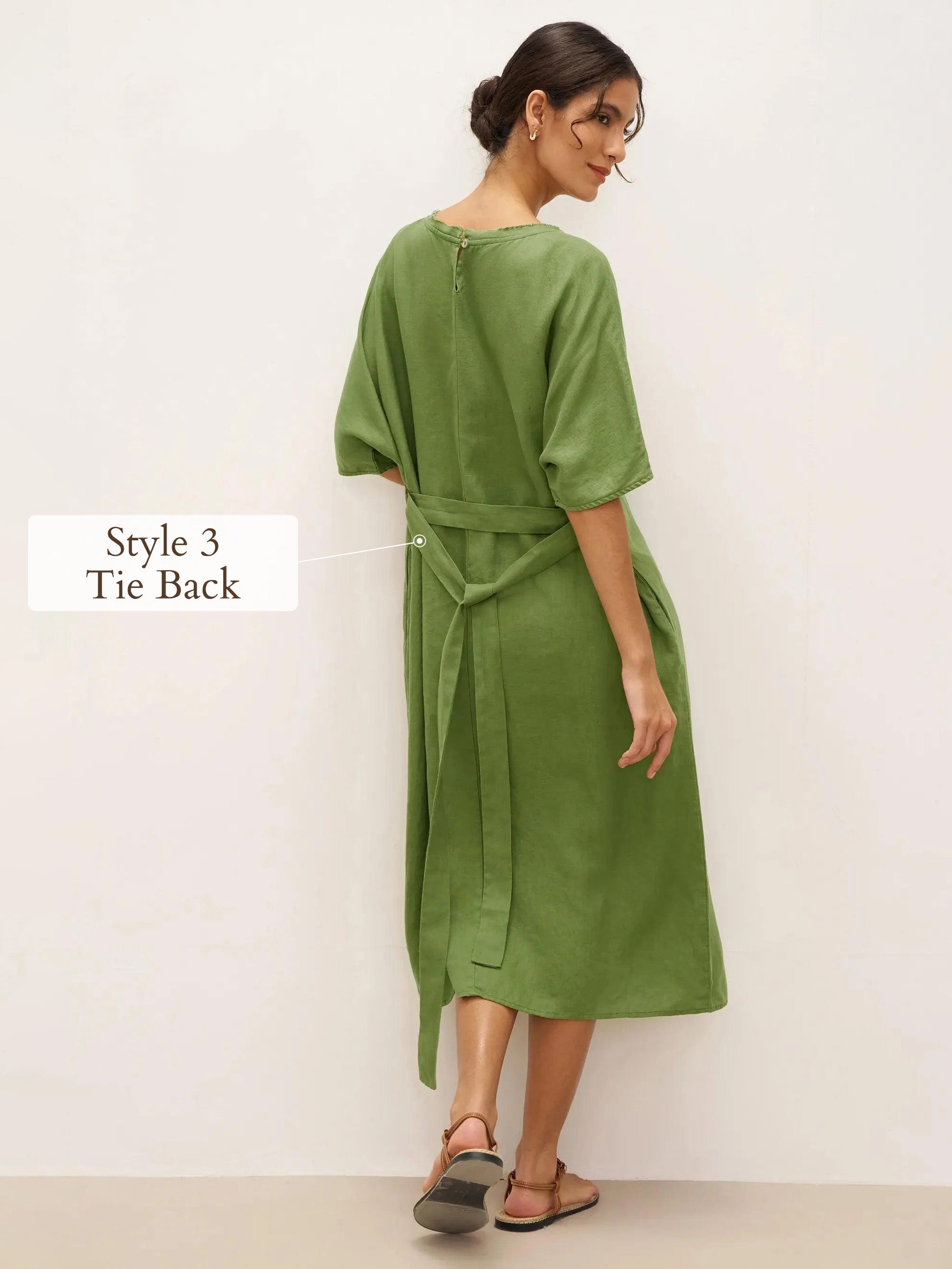 100% Linen Oversized O-Line Belted Midi Dress LORETTA—Multi-Way Wear - DRESSES-Linen