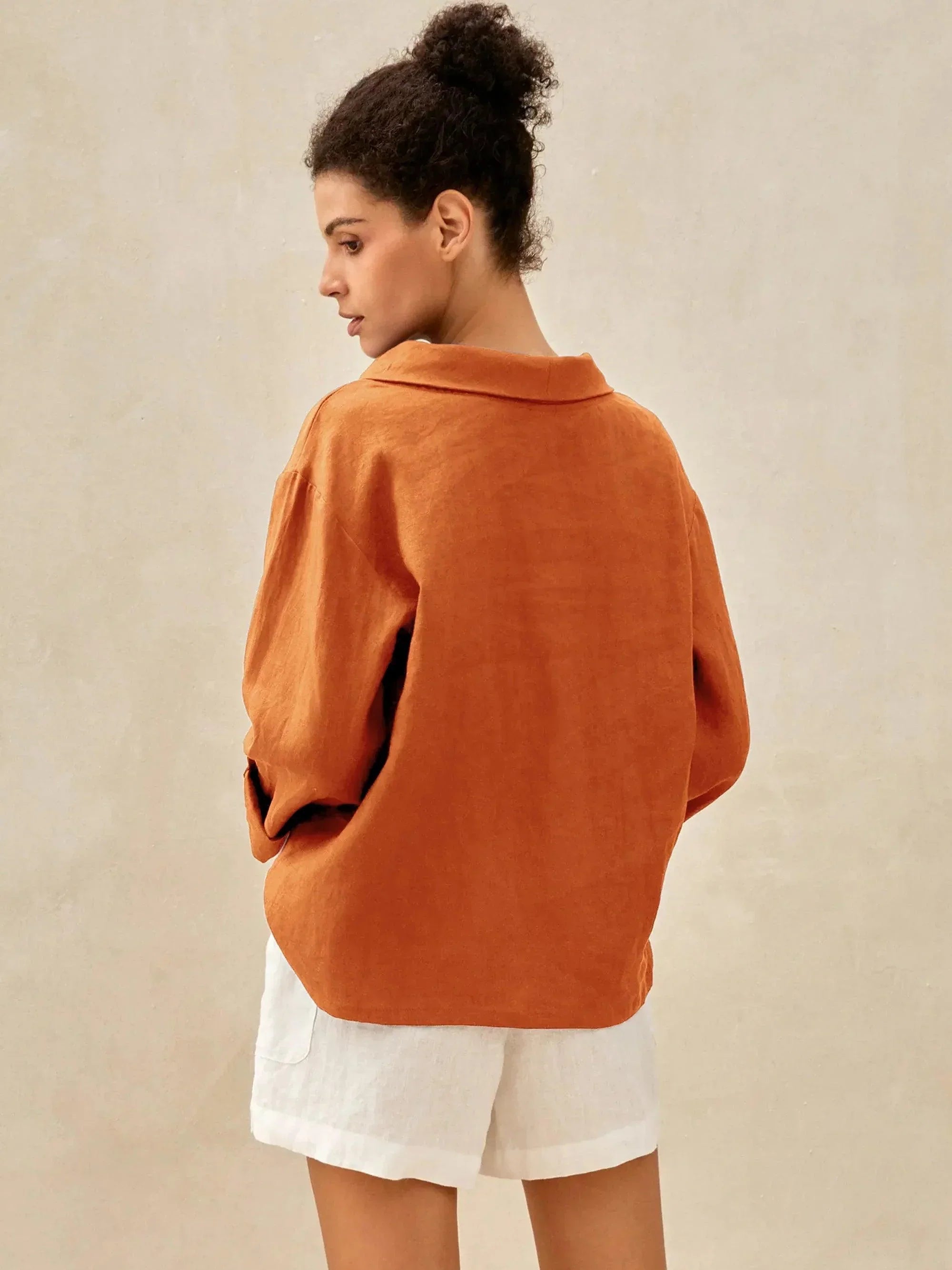 100% Linen Draped Neck Top HOLLIS - TOPS-Linen Blouses